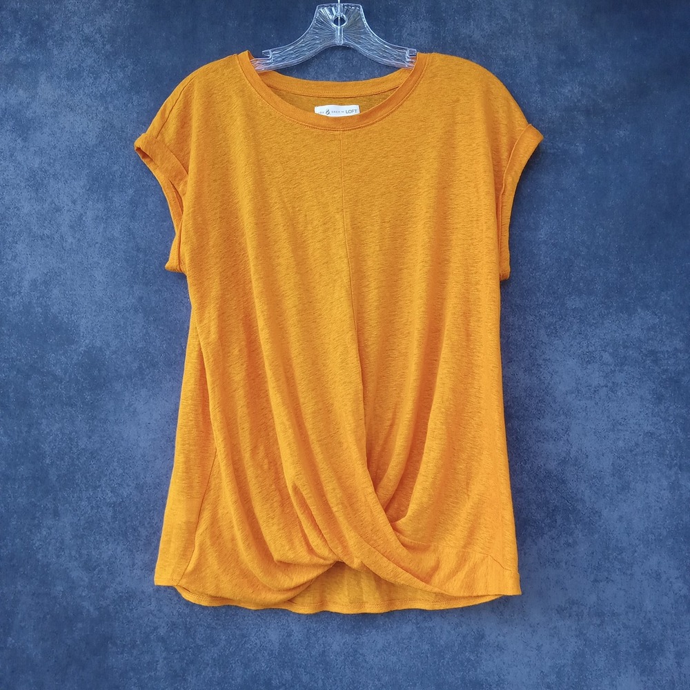 Lou & Grey LOFT Womens Ruched Twist Draped Front 100% Linen T-Shirt Top Orange‎
